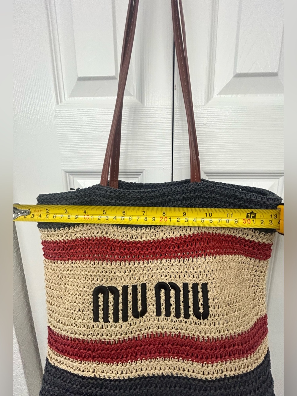 Miu Miu Black Cream Red Crochet Straw Tote with Brown Leather Straps looks like - Picture 13 of 14